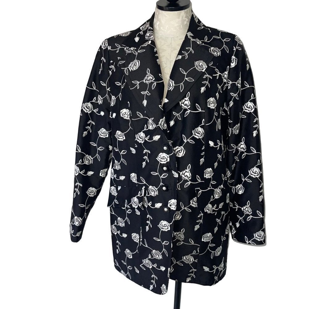 Corso De Roma Exclusivo Vintage Womens Jacket Size XL Black Floral Silk Satin